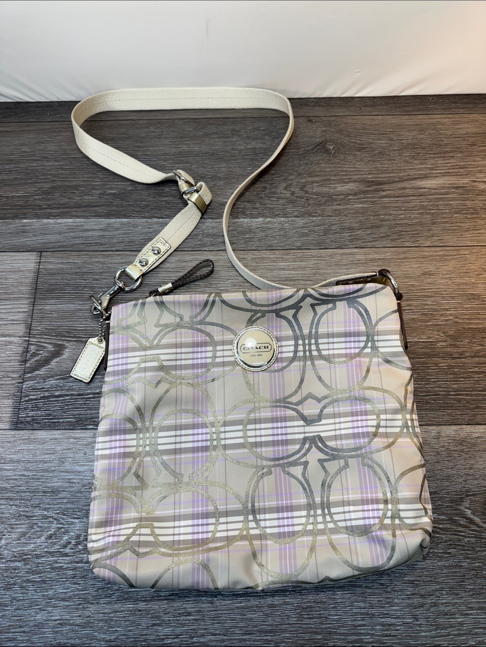 Coach Cream Crossbody Bag with Lavender Plaid Accents